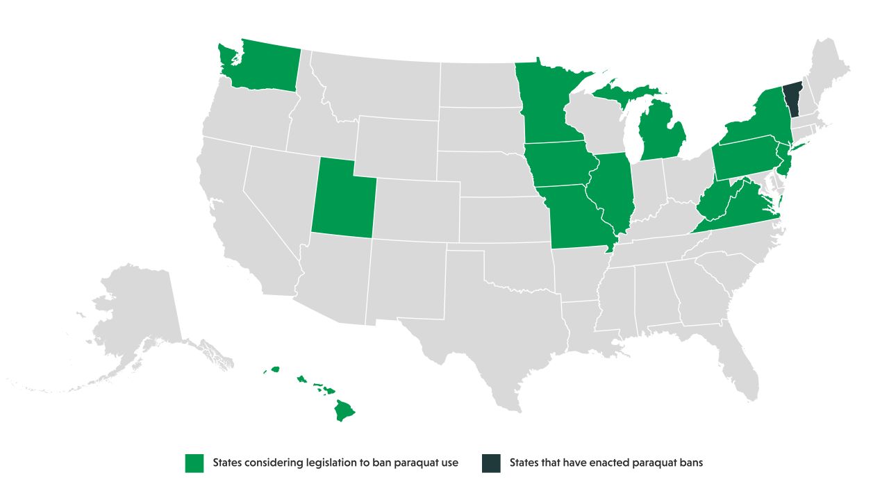 Map of U.S. states with paraquat bans or bills