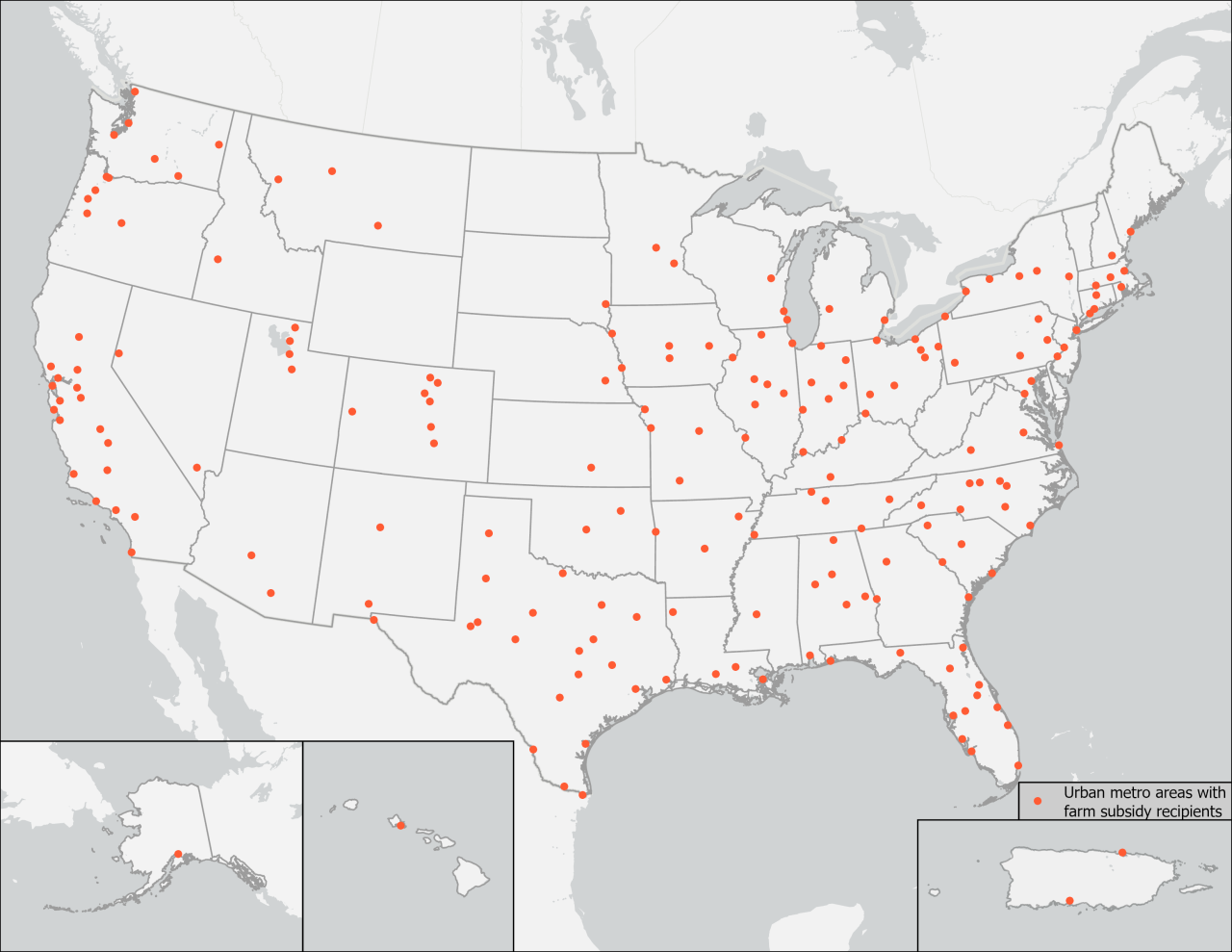 Map of 200 largest metro areas with city slicker subsidy recipients