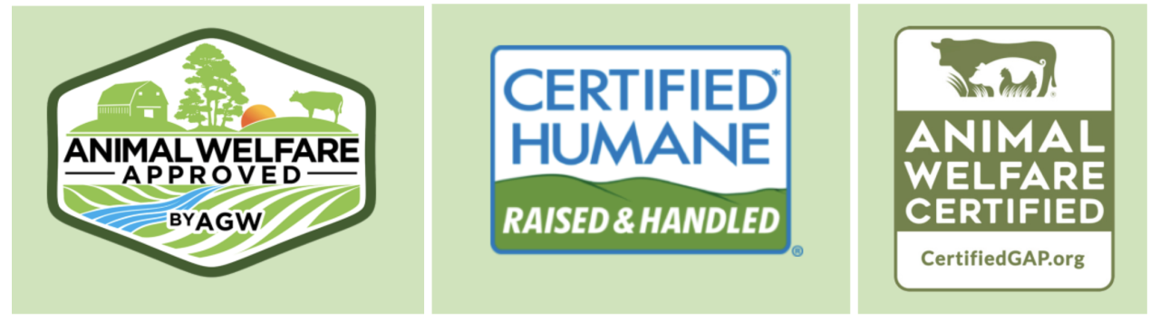 Three animal welfare logos: Animal Welfare Approved; Certified Humane; Animal Welfare Certified