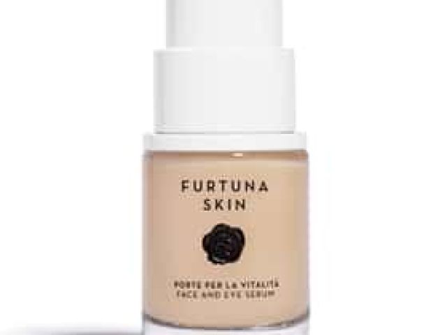 Photograph of Furtuna Skin face and eye serum bottle with beige liquid and white pump