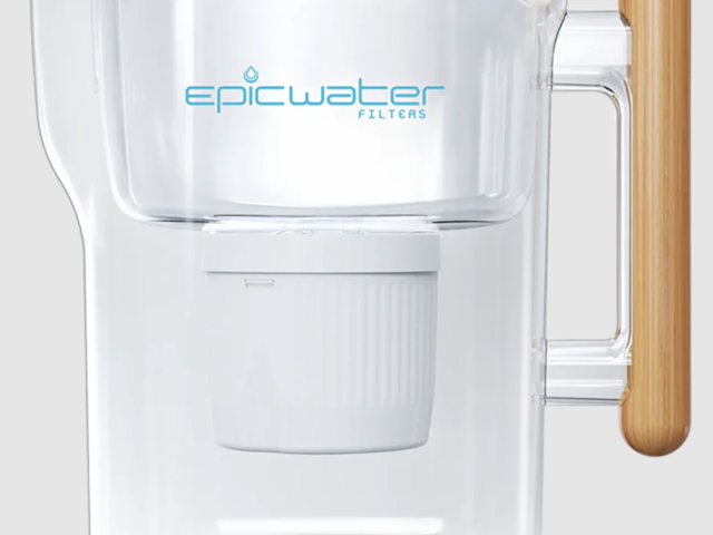 Transparent water filter pitcher with white cartridge, bamboo handle, Epicwater logo.