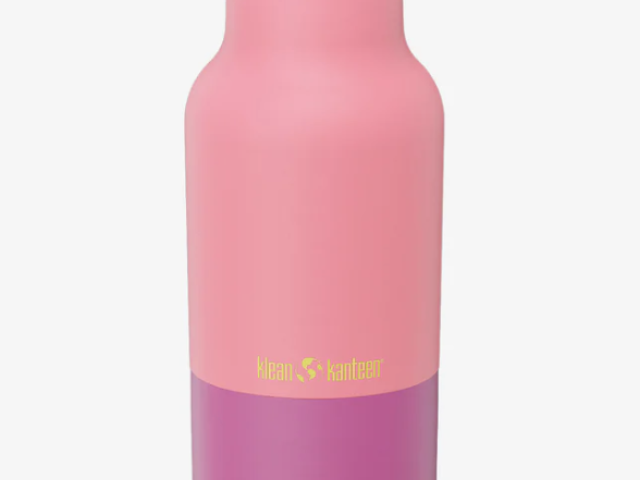 Photograph: pink and purple stainless steel water bottle with teal straw lid.