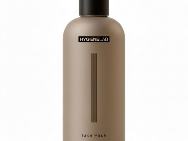 Photograph: matte brown HygieneLab face wash bottle with black cap