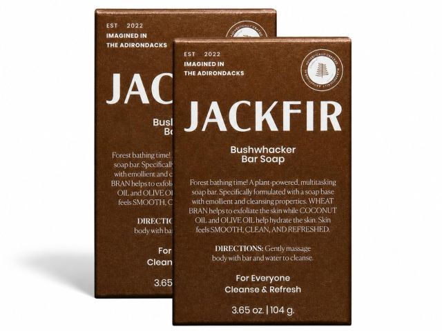 Photograph: two brown JACKFIR Bushwhacker bar soap boxes on white background