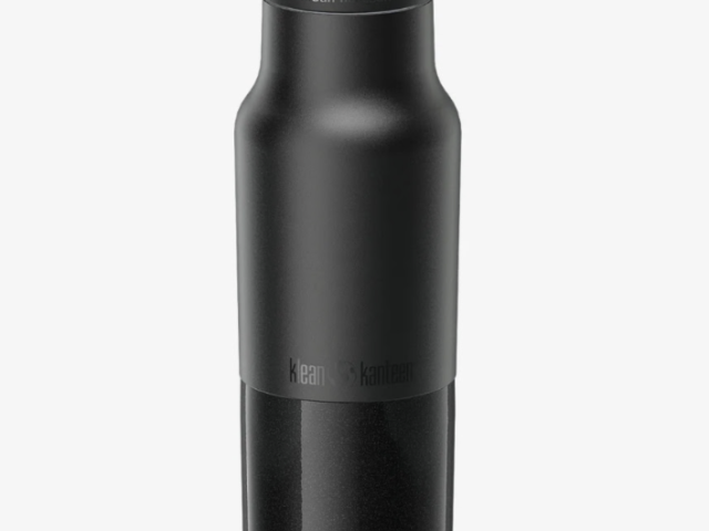 Photograph of matte black insulated travel bottle with loop handle