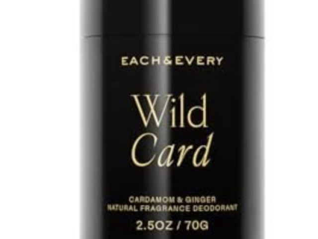 Photo of black Each &amp; Every "Wild Card" deodorant stick with gold lettering