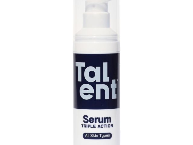 White pump serum bottle labeled "Talent" — Serum Triple Action, 30 ml