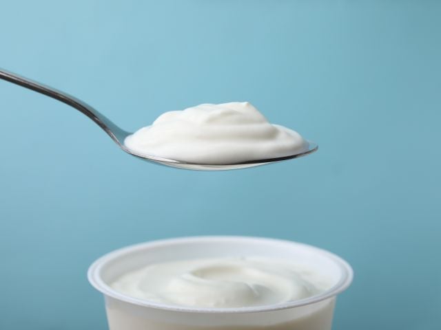 spoonful of creamy yogurt held above an open yogurt cup against blue background 