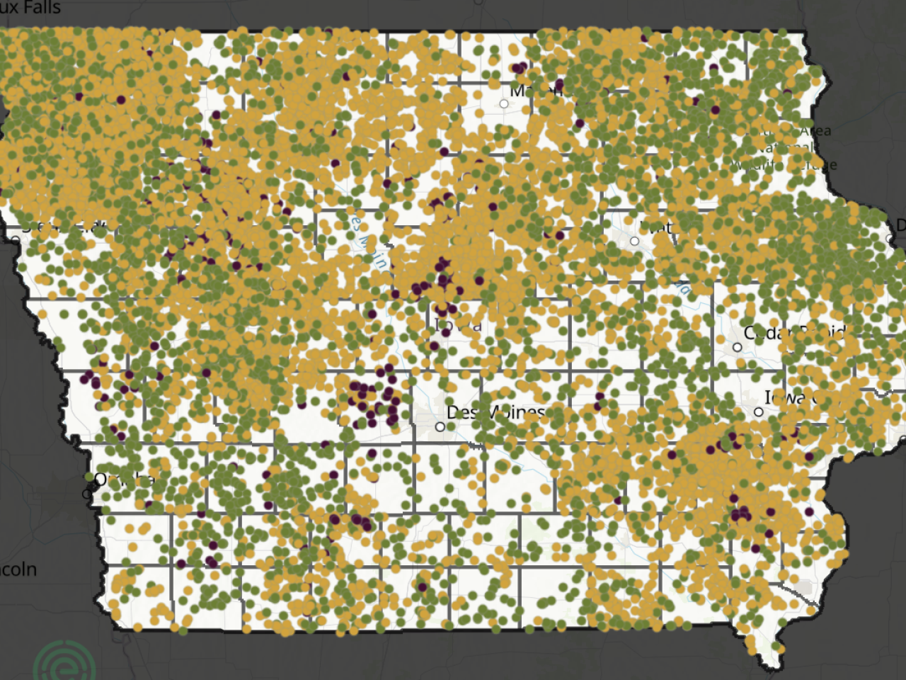 Graphic map of Iowa with county grid and scattered green, gold, and purple data points