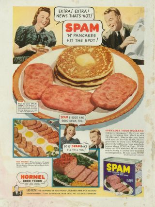 Vintage illustrated SPAM ad: pancakes with sliced SPAM on plate, smiling couple.