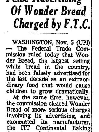 Vintage newspaper clipping headline: FTC charges Wonder Bread with false advertising