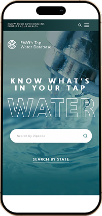 Mobile phone displaying a water database website with a faucet and search options.
