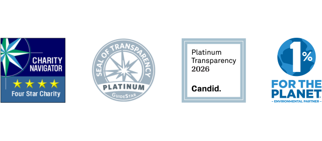 Four nonprofit seals: Charity Navigator 4★, GuideStar Platinum, Candid Platinum, 1% for the Planet