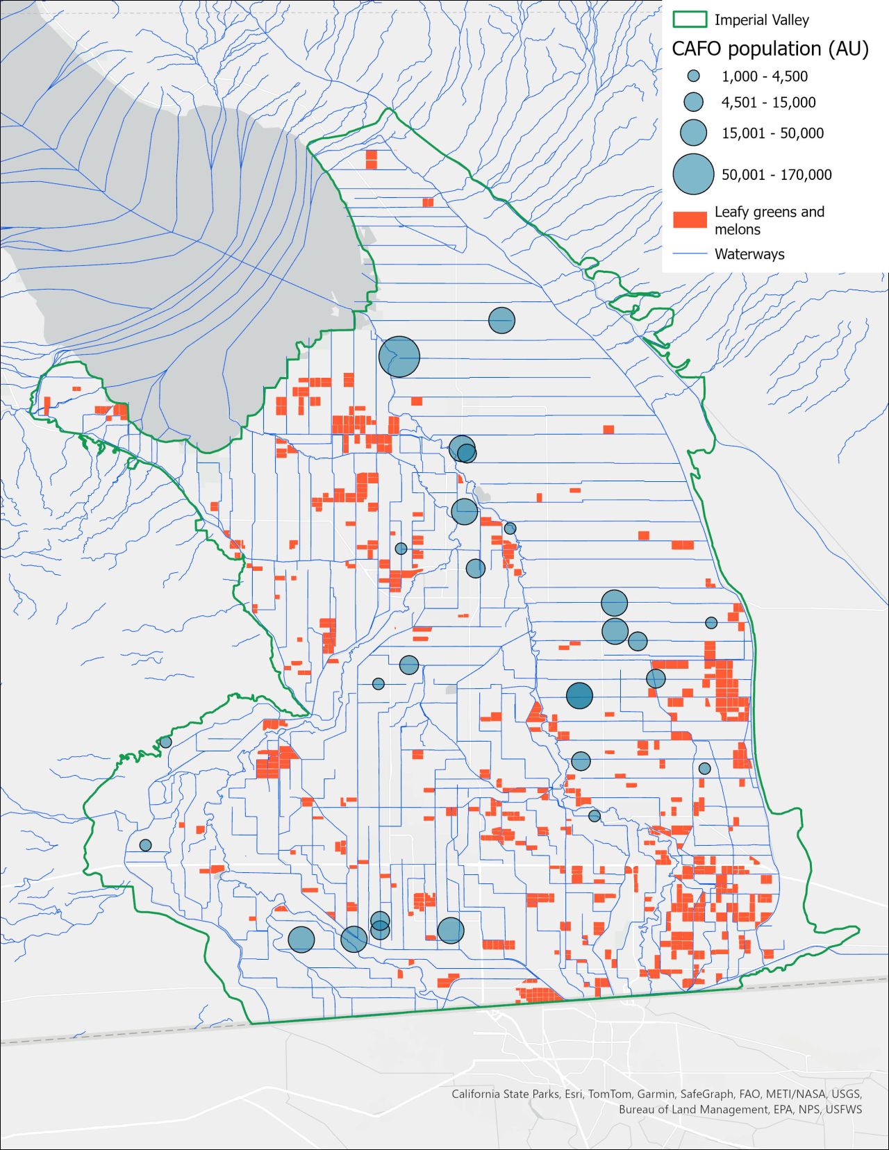 Map of the Imperial Valley showing CAFOs, irrigation canals, and fields of leafy greens and melons.