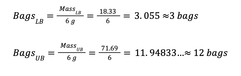 Mathematical equations calculating the number of bags based on weight measurements.