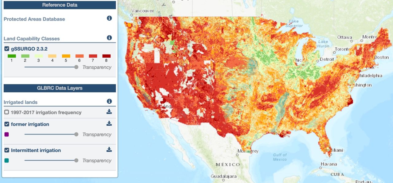 Map showing land capability classes across the United States, with color-coded data layers.