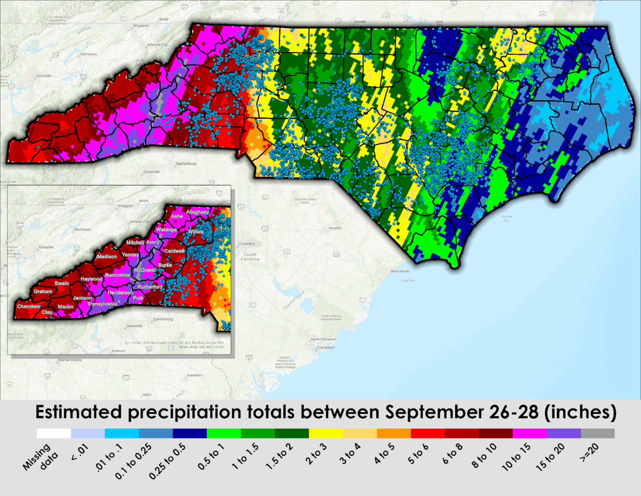 Colorful map of North Carolina showing estimated precipitation totals from September 26-28.