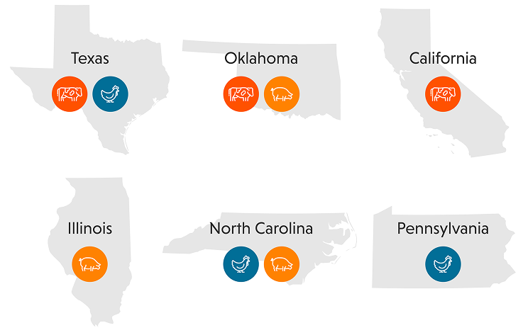 Map of the U.S. highlighting states with animal icons: Texas, Oklahoma, California, Illinois, North Carolina, Pennsylvania.