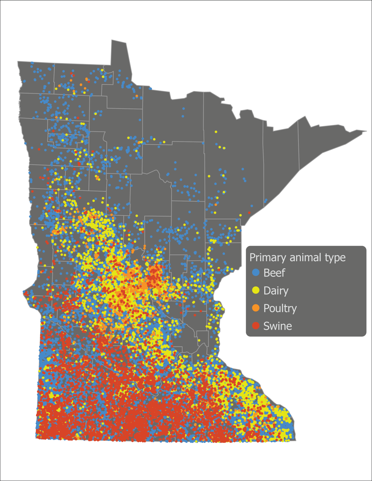 Map of Minnesota showing animal types by location: beef (blue), dairy (yellow), poultry (orange), swine (red).