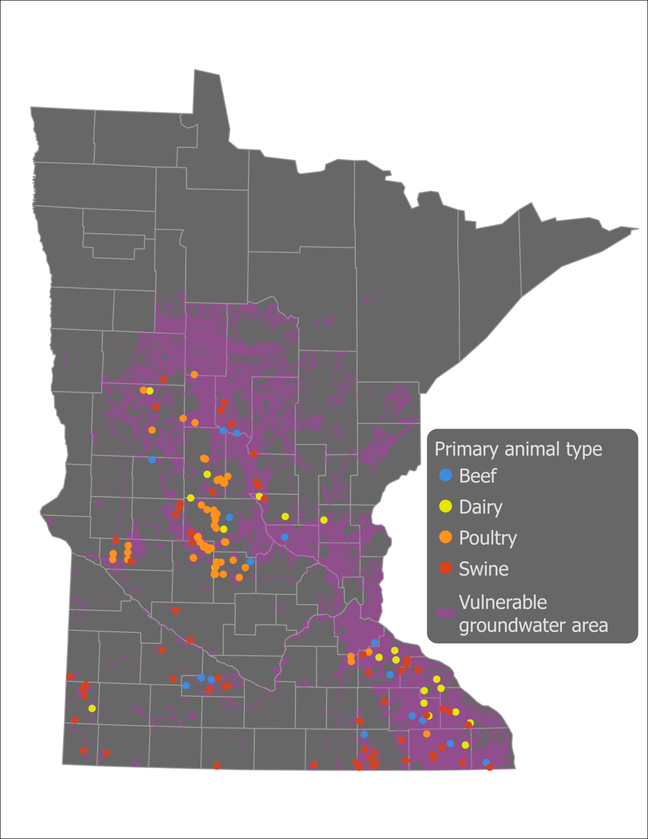 Map of Minnesota showing primary animal types and vulnerable groundwater areas.