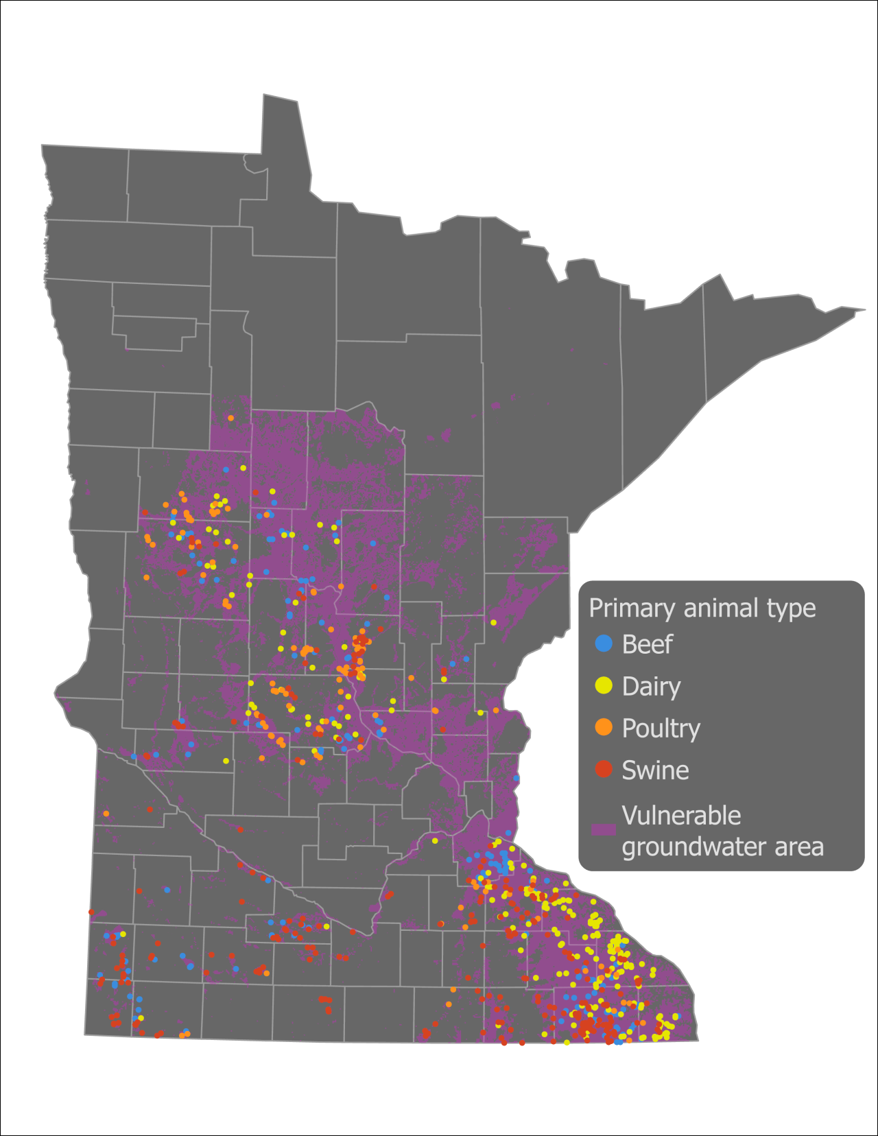 Map of Minnesota showing primary animal types and vulnerable groundwater areas with color-coded dots.