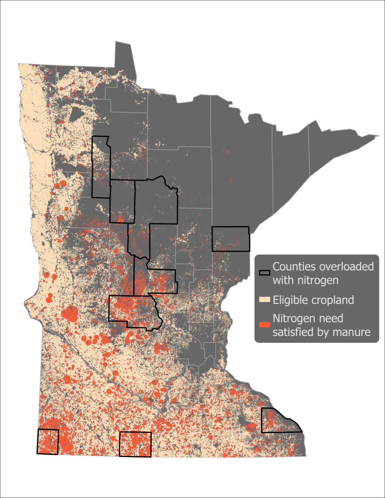 Map of Minnesota showing counties with nitrogen overload, eligible cropland, and manure satisfaction areas.
