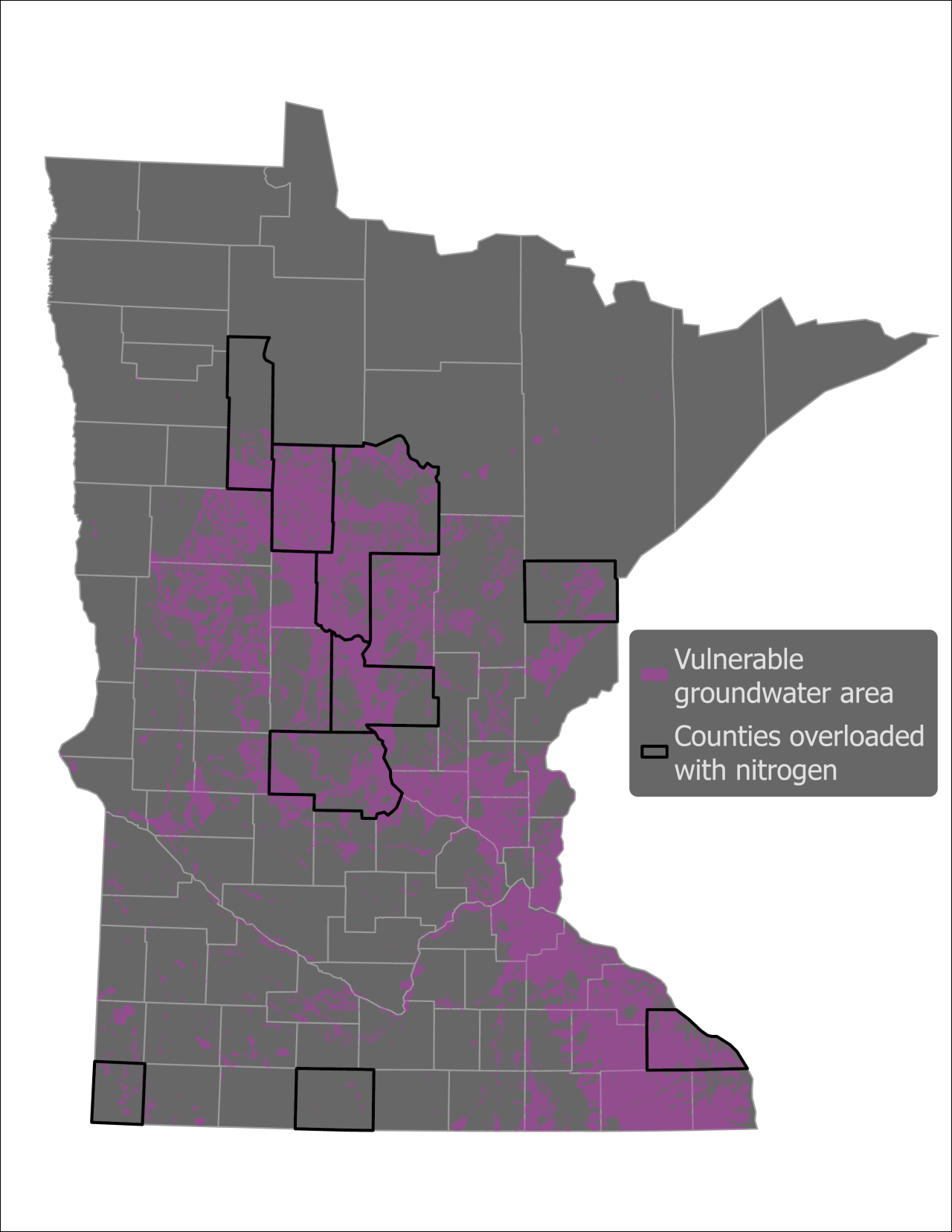 Map of Minnesota showing vulnerable groundwater areas and counties overloaded with nitrogen in purple.