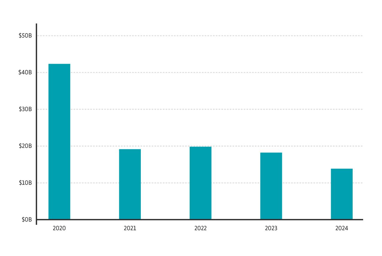 Bar graph showing revenue decline from 2020 to 2024, peaking in 2020.