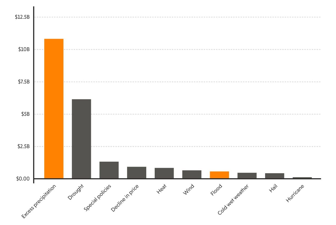 Bar graph showing excess precipitation leading at over $10B in costs, with smaller bars for other events.