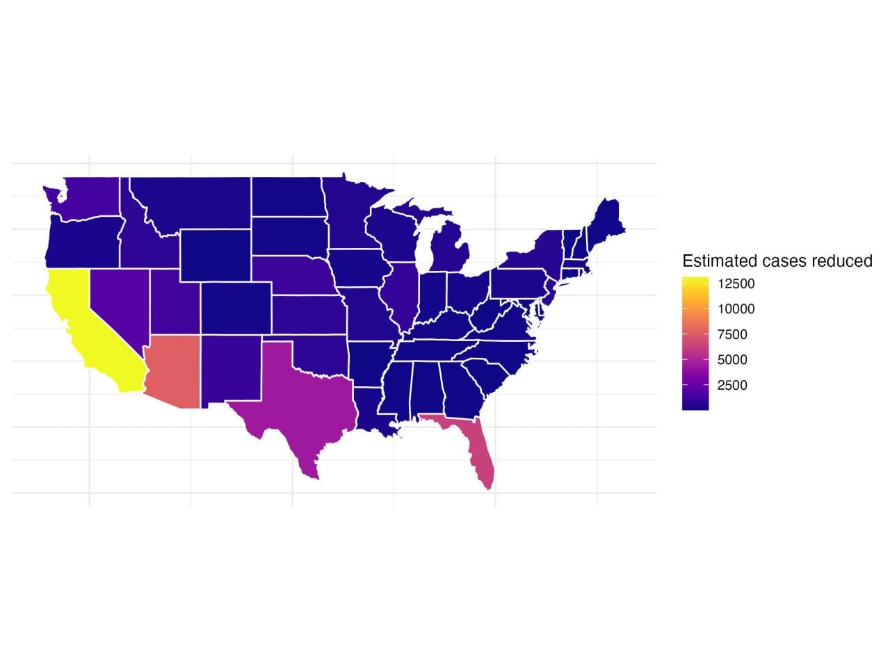 U.S. map highlighting states with estimated cases reduced, color-coded for case numbers.
