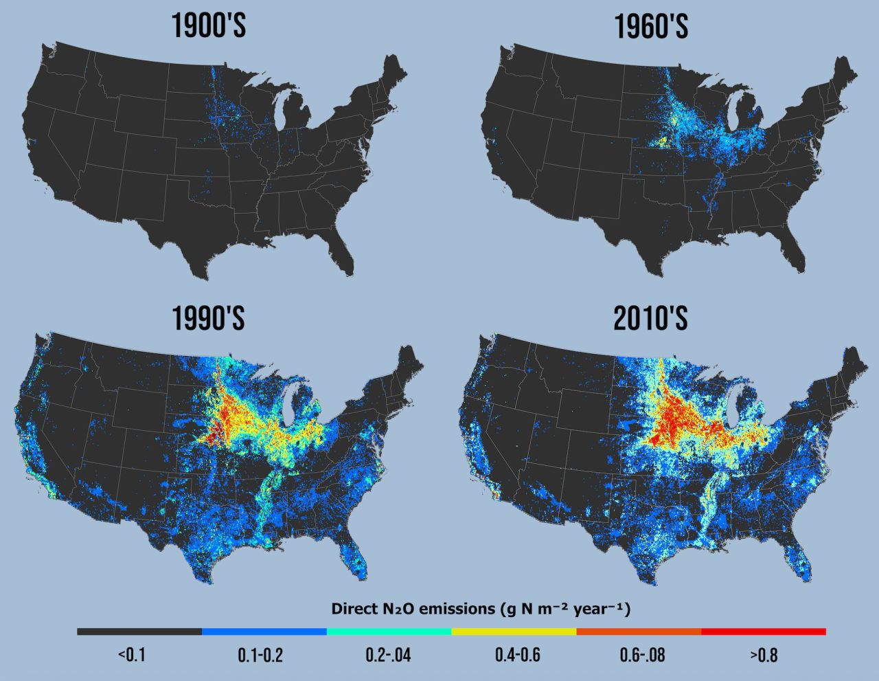 Four maps of the U.S. showing Nitrous Oxide emissions from 1900 to 2010, with varying color intensities.