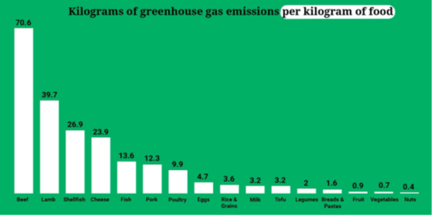 Bar graph showing greenhouse gas emissions per kilogram of various foods, with beef highest at 70.6 kg.
