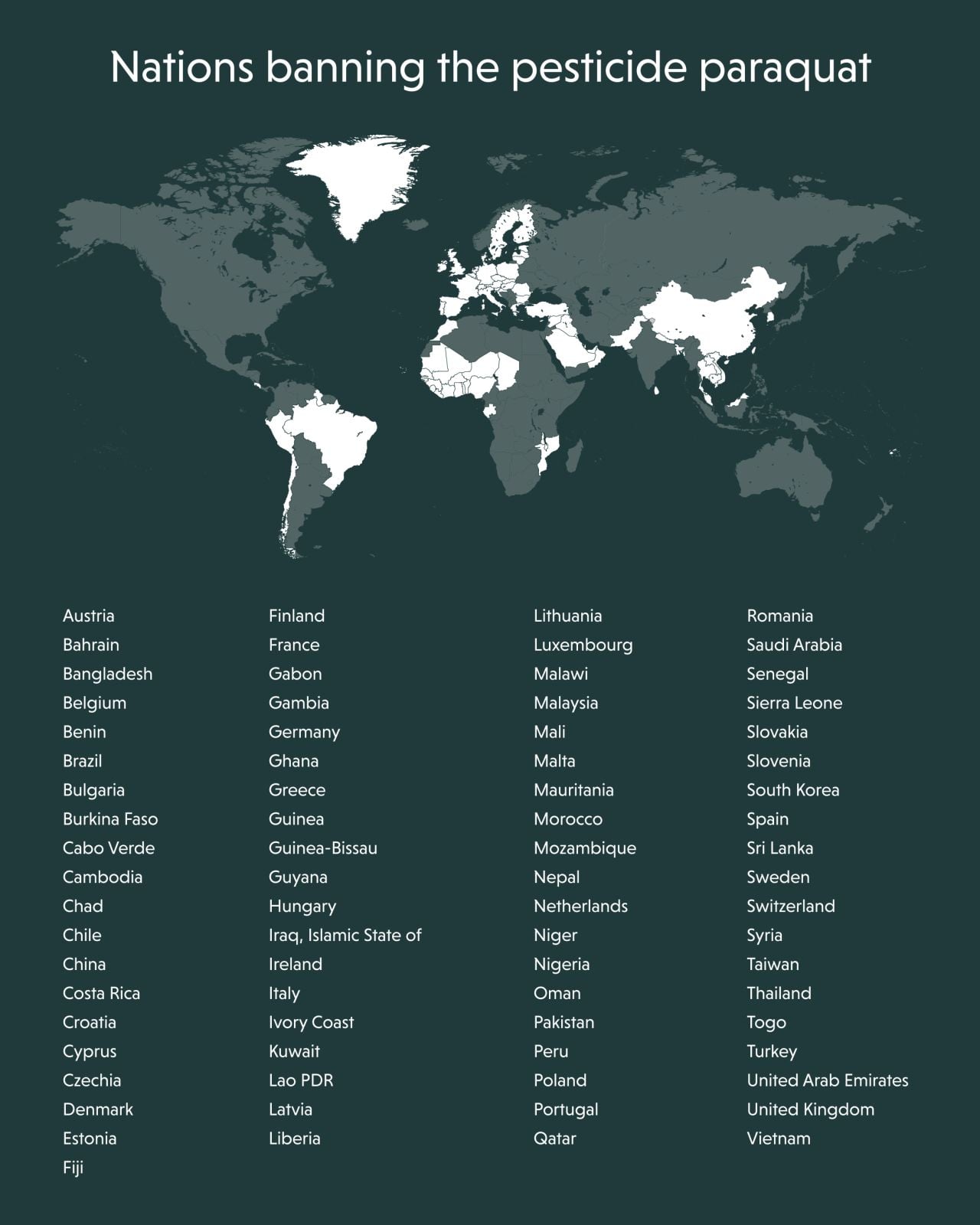 World map highlighting countries banning the pesticide paraquat, with a dark background.