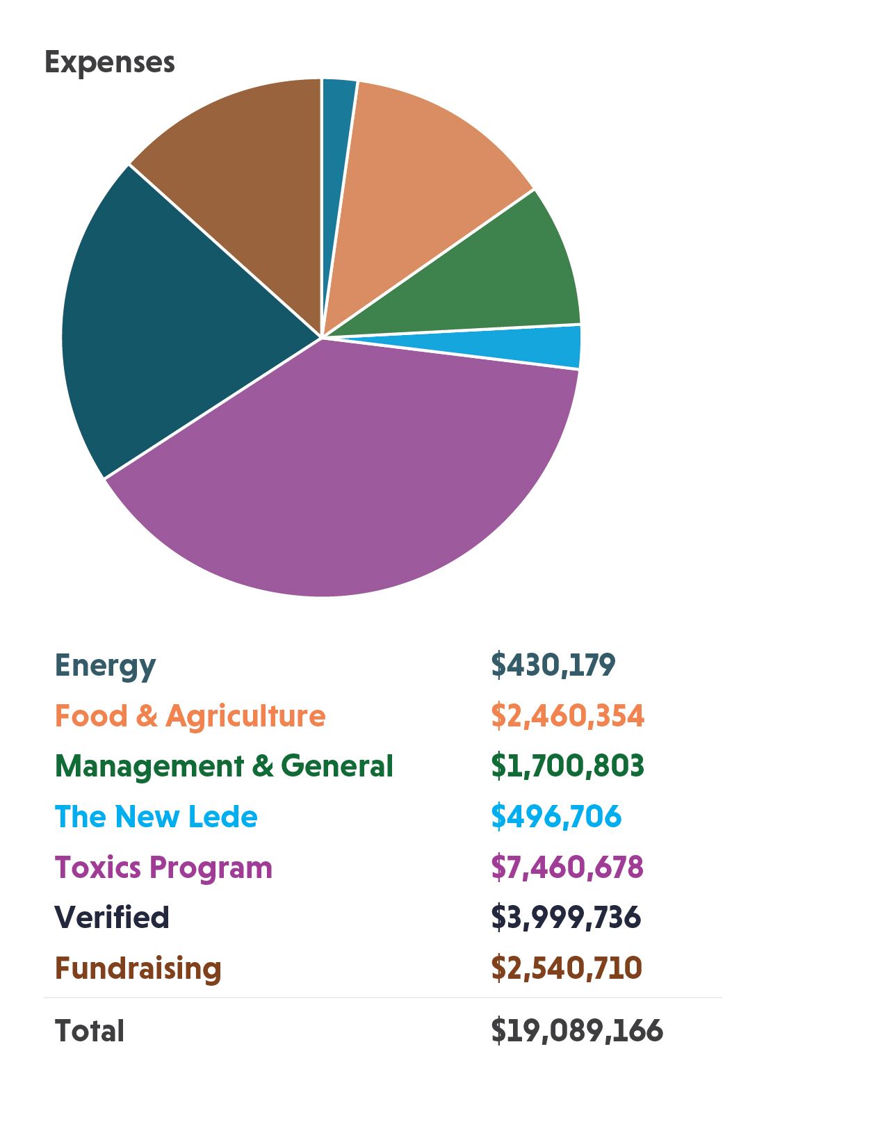 Pie chart showing expenses by category with legend and total $19,089,166