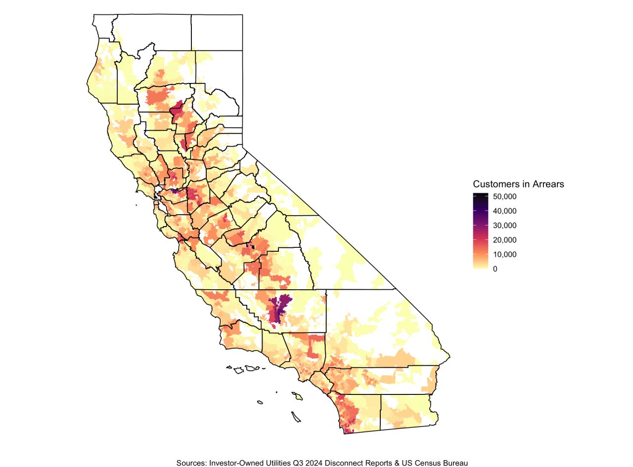 California county heatmap showing customers in arrears, purple high, yellow low