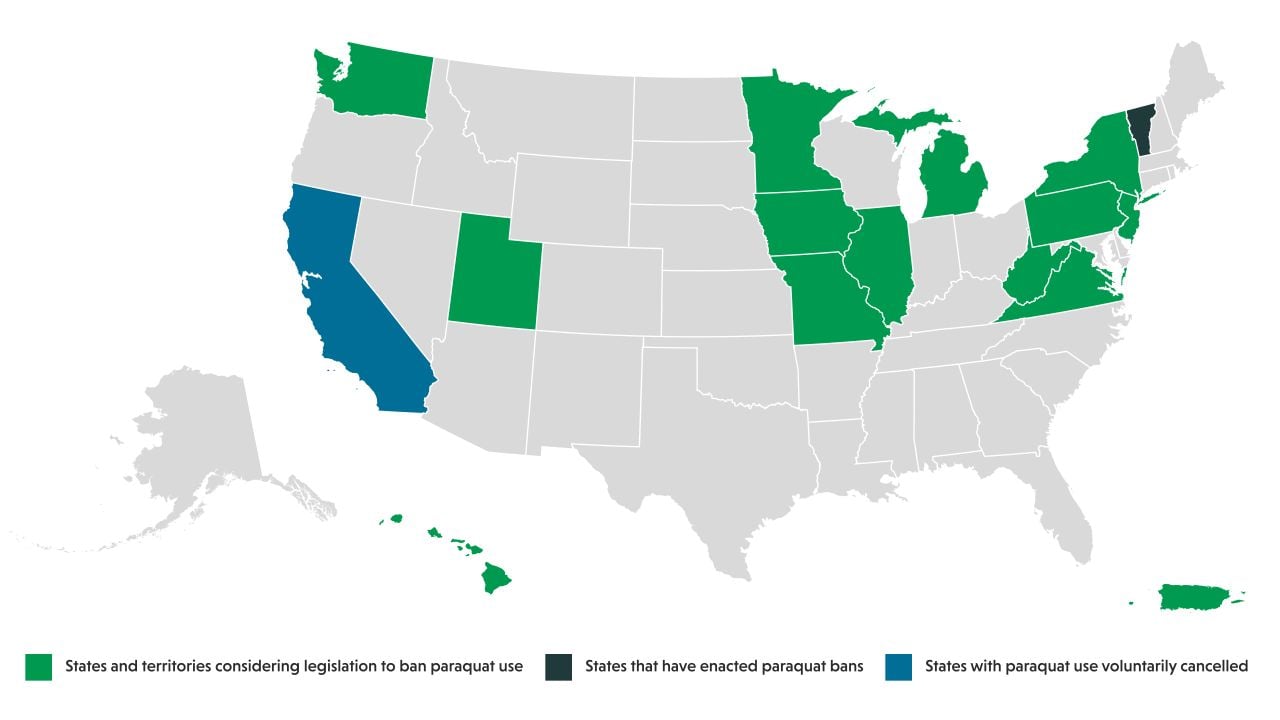 Graphic map of US highlighting states considering, enacting, or canceling paraquat use bans