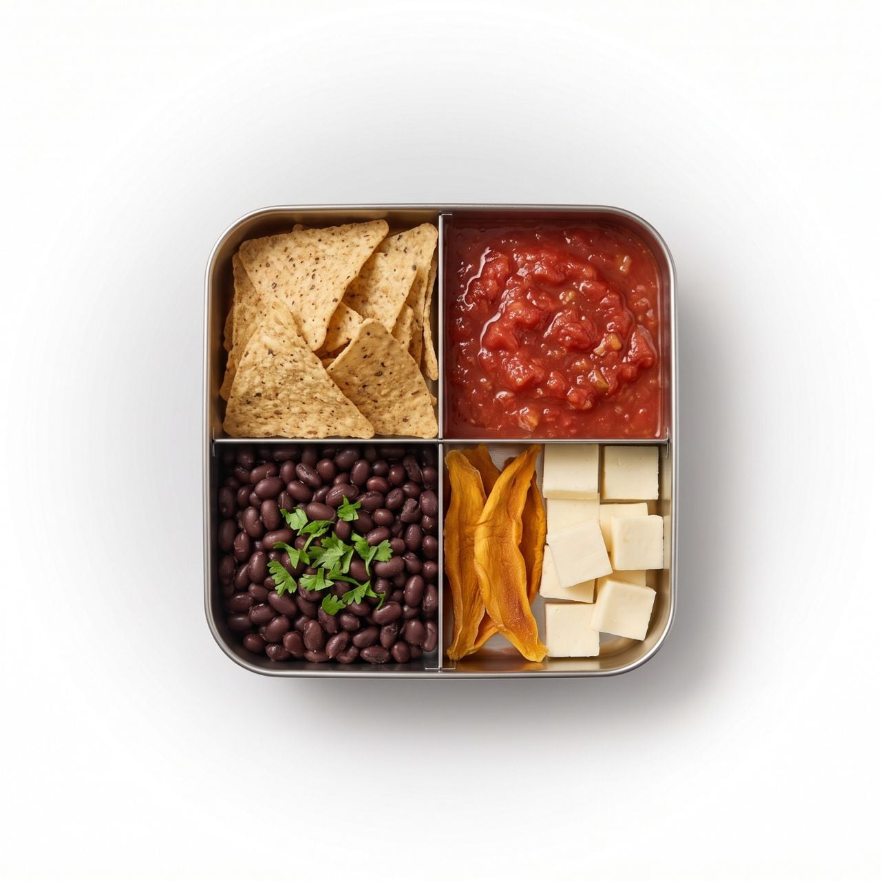 Photo: divided metal tray with tortilla chips, salsa, black beans, mango and cheese
