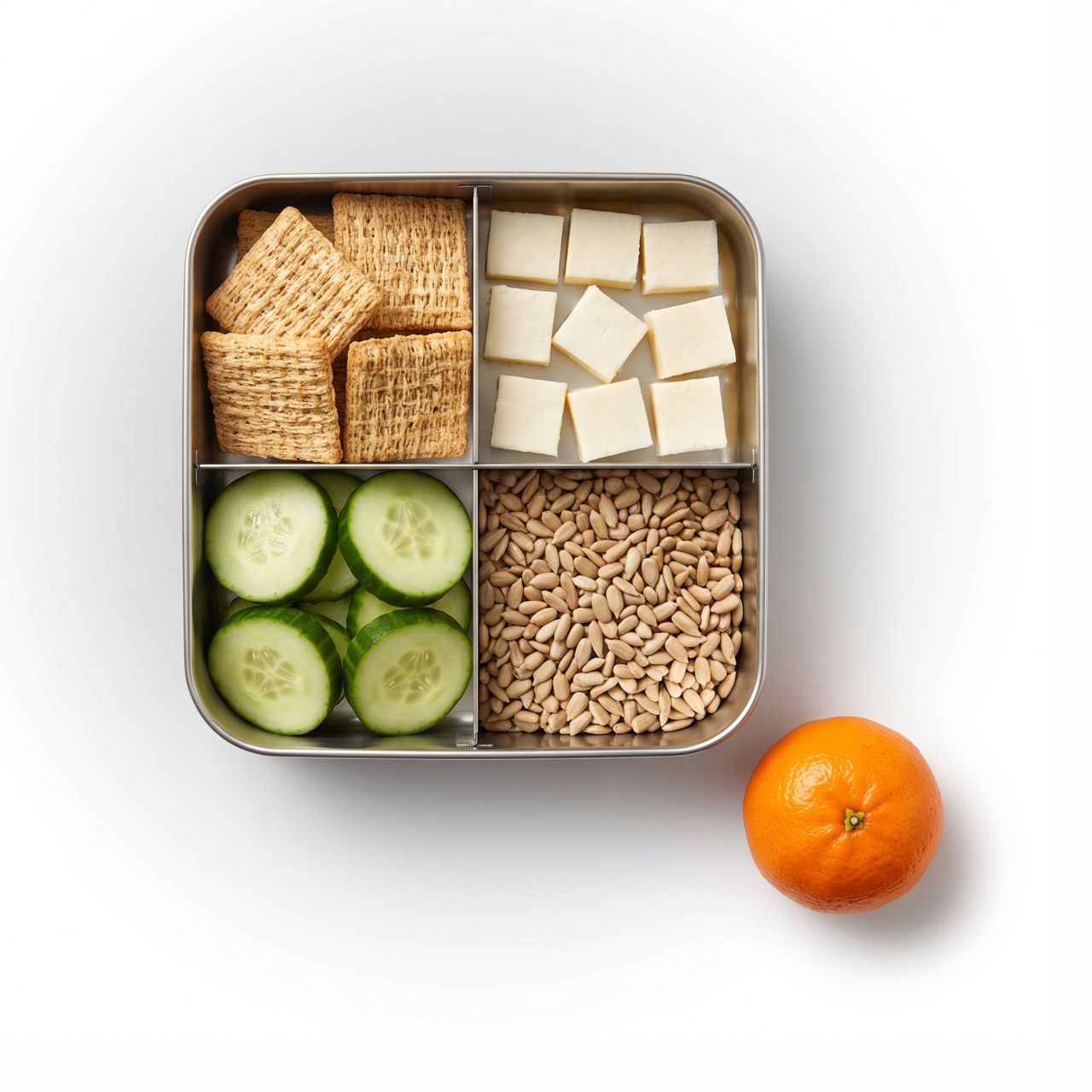 Photo: divided metal lunchbox with crackers, cheese cubes, cucumber, pine nuts; mandarin orange