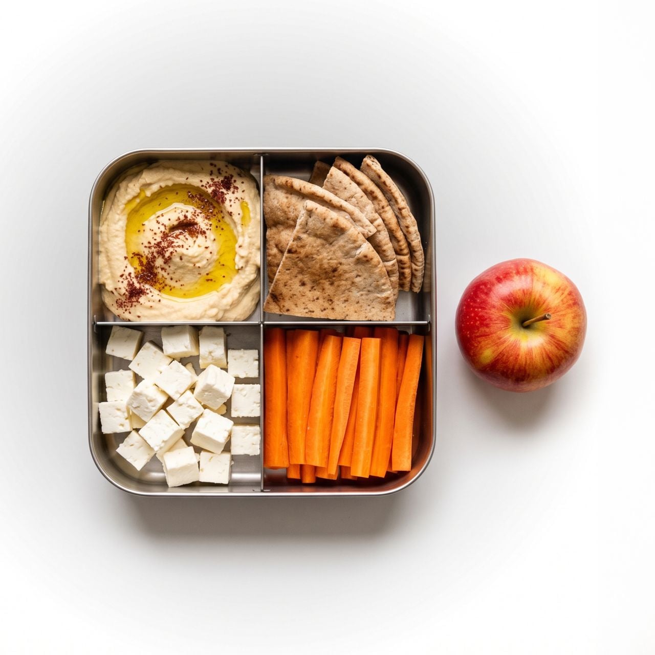 Photo: divided metal bento with hummus, pita wedges, feta cubes and carrot sticks; apple beside