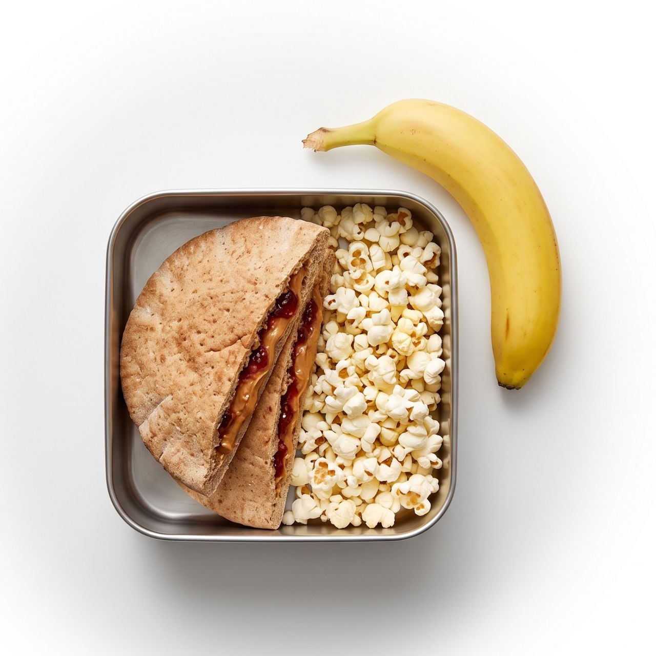 Photograph: metal lunchbox with pita PB&amp;J wedges, popcorn; banana beside.