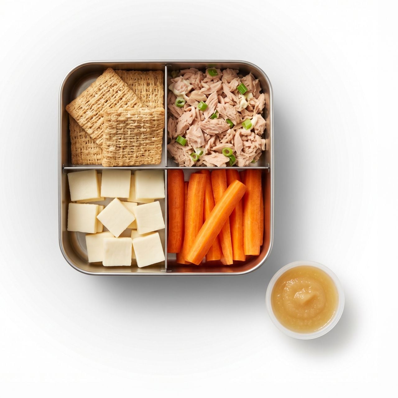 Metal bento with crackers, tuna with green onions, cheese cubes, carrot sticks, applesauce.