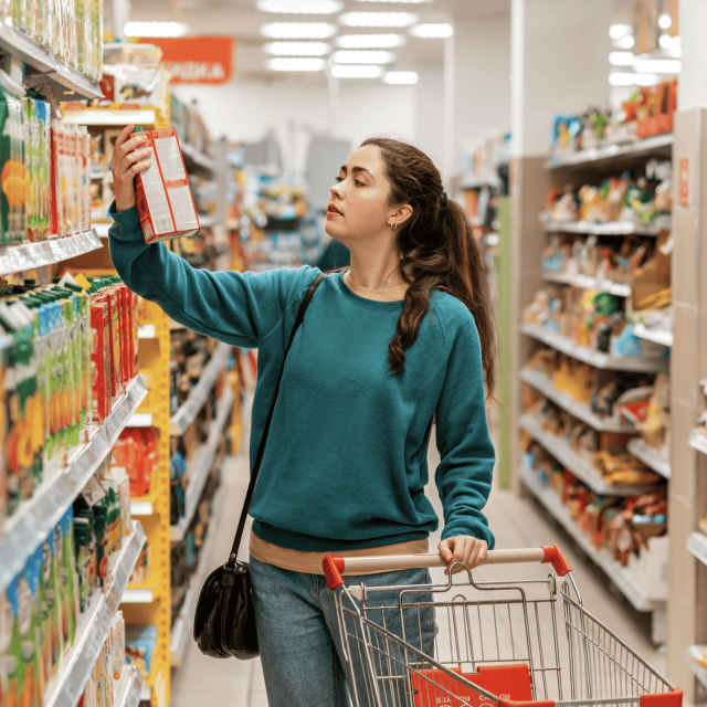 Young woman in teal sweater examining a cereal box in a grocery aisle, pushing a cart.y