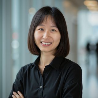 Smiling woman in a black shirt stands with arms crossed in a bright, modern corridor.