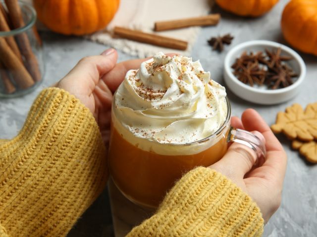 Cozy hands holding a glass of pumpkin drink topped with whipped cream and spices.