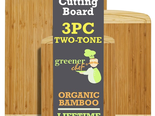 Three bamboo cutting boards with a two-tone design, featuring product label and warranty details.