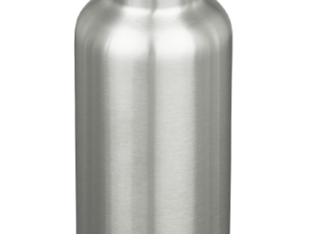 Stainless steel water bottle with a black lid and Klean Kanteen logo.