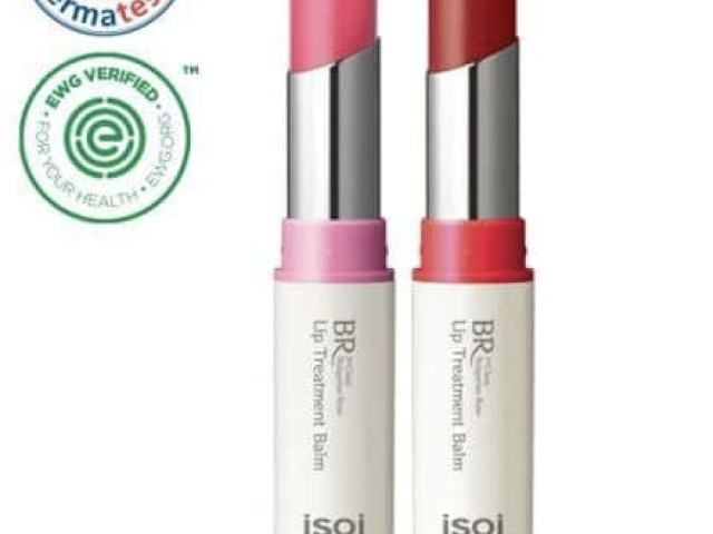 Two lip treatment balms in pink and red tubes, featuring certification logos.