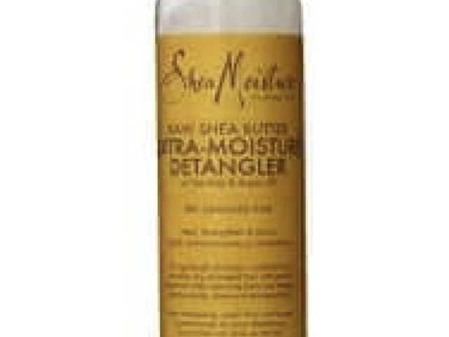 Shea Moisture Shea Butter Detangler bottle, white with gold label and black text.