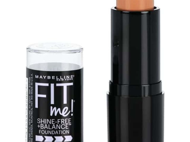 Maybelline Fit Me! Shine-Free + Balance foundation stick in a black tube with a beige cap.
