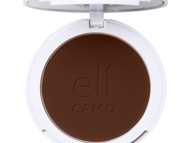 Brown compact makeup with a white lid, labeled "e.l.f. CAMO."